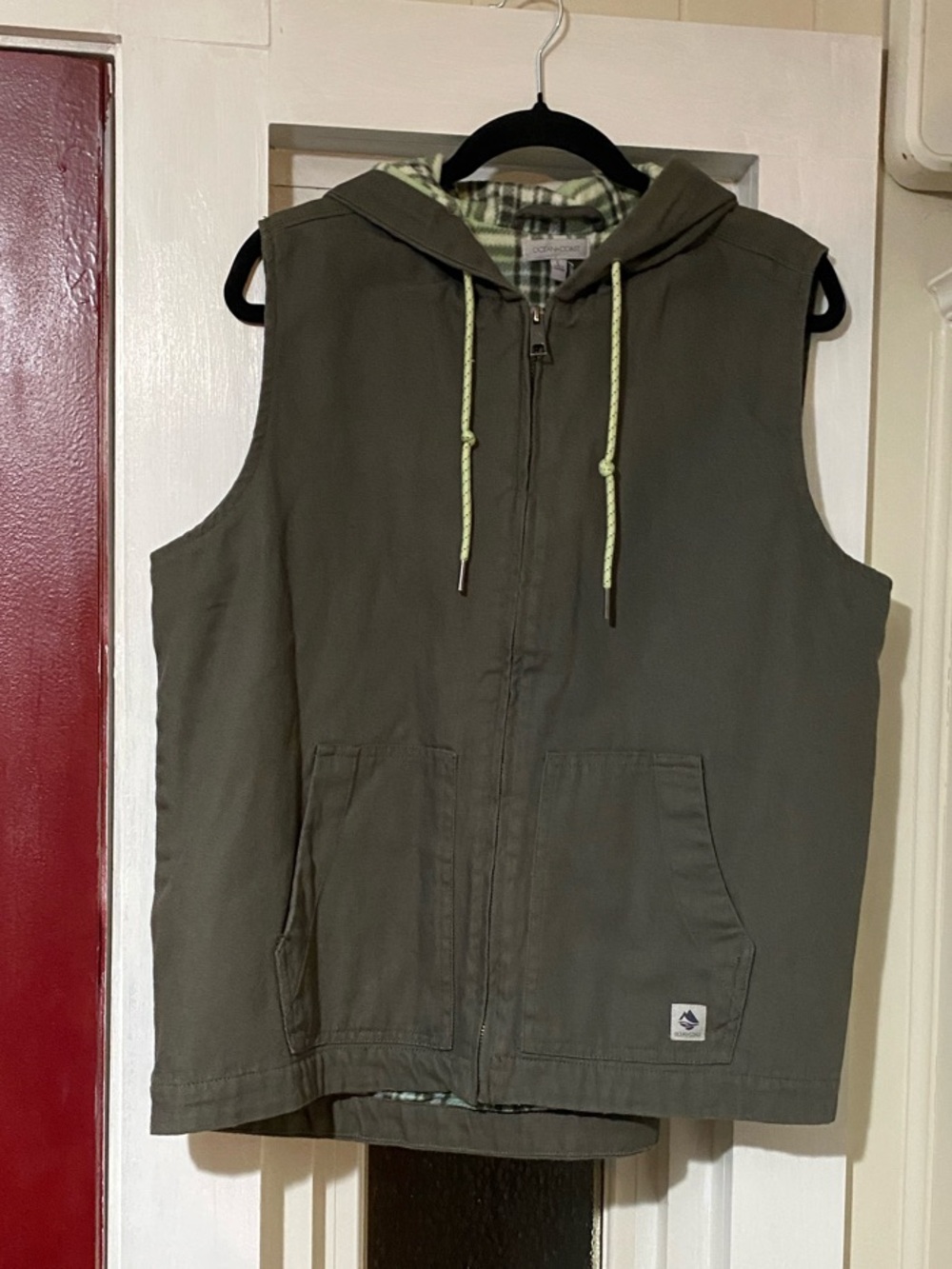 Ocean Coast Women's Canvas Duck Vest With Hood & Inner Plaid Lining Size Large